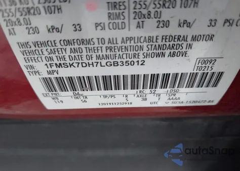 2020 Ford Explorer Xlt z USA, uszkodzony, nr VIN 1FMSK7DH7LGB35012